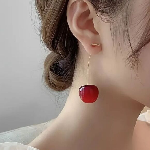 Cherry Earrings Red Fruit Fashion Jewelry Size 0.83''x1.7'' - Picture 3 of 11